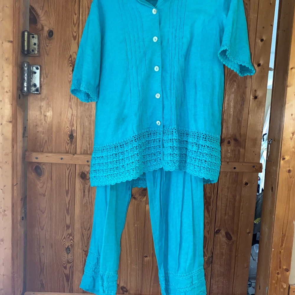 Teal Button-Up Top & Pants Size Small